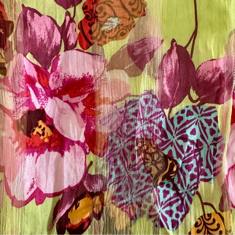 90s Vintage Marcrozier Paris Floral Print Silk Oblong Scarf Wrap, Green & Pink